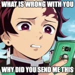 disgusted tanjiro | WHAT IS WRONG WITH YOU; WHY DID YOU SEND ME THIS | image tagged in disgusted tanjiro | made w/ Imgflip meme maker