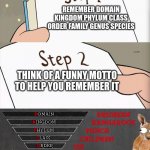 How to remeber animal classes | REMEMBER DOMAIN KINGDOM PHYLUM CLASS ORDER FAMILY GENUS SPECIES; THINK OF A FUNNY MOTTO TO HELP YOU REMEMBER IT; (GAME THEORY FLASHBACK) | image tagged in step 1 step 1 | made w/ Imgflip meme maker