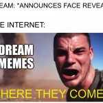 Here They Come | DREAM: *ANNOUNCES FACE REVEAL*; THE INTERNET:; DREAM MEMES; HERE THEY COME | image tagged in look here they come,memes,dream | made w/ Imgflip meme maker
