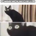 OH NO RU---------- | ME AFTER MOCKING THE QUIET KID AND HE STARTS TALKING IN HIS MADE UP LANGUAGE AND THE TABLES START FLYING | image tagged in oh no cat,quiet kid,memes,flying,uh oh,funny | made w/ Imgflip meme maker