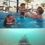 when in band... | TRUMPETS FLUTES BD HORNS | image tagged in mother ignoring kid drowning in a pool,band,marching band,horn | made w/ Imgflip meme maker