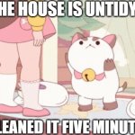 The House is Untidy?! | THE HOUSE IS UNTIDY? BUT I CLEANED IT FIVE MINUTES AGO! | image tagged in puppycat demands you pick up his groceries,puppycat,untidy,housework,i cleaned it five minutes ago,bee and puppycat | made w/ Imgflip meme maker