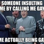 The ultimate weapon | SOMEONE INSULTING ME BY CALLING ME GAY; ME ACTUALLY BEING GAY | image tagged in memes,laughing villains | made w/ Imgflip meme maker
