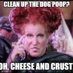 hate cleaning dog poop | CLEAN UP THE DOG POOP? OH, CHEESE AND CRUST! | image tagged in hocus pocus | made w/ Imgflip meme maker