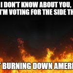 fire | I DON'T KNOW ABOUT YOU, 
     BUT I'M VOTING FOR THE SIDE THAT'S; NOT BURNING DOWN AMERICA! | image tagged in fire | made w/ Imgflip meme maker