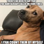 I can count | THERE'S NO NEED TO SAY THAT YOU HAVE ALREADY CALLED ME FOUR TIMES. I CAN COUNT THEM BY MYSELF | image tagged in expressive dog | made w/ Imgflip meme maker