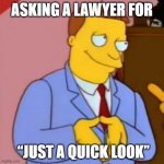 lionel hutz lawyer simpsons | ASKING A LAWYER FOR; “JUST A QUICK LOOK” | image tagged in lionel hutz lawyer simpsons | made w/ Imgflip meme maker