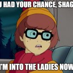 Fun cannonical fact: Shaggy and Velma were a couple at one point. | YOU HAD YOUR CHANCE, SHAGGY;; I'M INTO THE LADIES NOW | image tagged in pedantic velma | made w/ Imgflip meme maker