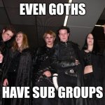 Goth People | EVEN GOTHS; HAVE SUB GROUPS | image tagged in goth people,subjectmatters | made w/ Imgflip meme maker
