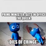 fainting blue dude | PRIME MINISTER: GETS IN OFFICE
THE QUEEN:; *DIES OF CRINGE* | image tagged in fainting blue dude | made w/ Imgflip meme maker