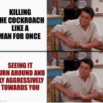 Ruh Roh | KILLING THE COCKROACH LIKE A MAN FOR ONCE; SEEING IT TURN AROUND AND FLY AGGRESSIVELY TOWARDS YOU | image tagged in joey shocked | made w/ Imgflip meme maker