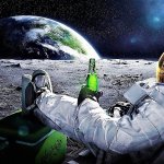 Astronaut drinking beer watching Earth 1