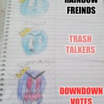 first one T_T | RAINBOW FREINDS; TRASH TALKERS; DOWNDOWN VOTES | image tagged in hapy angry super angery | made w/ Imgflip meme maker