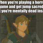 E | When you're playing a horror game and get jump sacred.  But you're mentally dead inside | image tagged in emotionless link | made w/ Imgflip meme maker