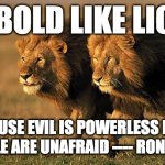 Be Bold Like Lions | BE BOLD LIKE LIONS; BECAUSE EVIL IS POWERLESS IF THE GOOD PEOPLE ARE UNAFRAID ---- RONALD REAGAN | image tagged in 2 lions walking | made w/ Imgflip meme maker