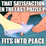 Satisfaction alright | THAT SATISFACTION WHEN THE LAST PUZZLE PIECE; FITS INTO PLACE | image tagged in cinderella shoe fits | made w/ Imgflip meme maker