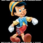 Daily Bad Dad Joke Oct 11 2022 | WHY CAN'T YOUR NOSE BE 12 INCHES LONG? BECAUSE THEN IT WOULD BE A FOOT. | image tagged in honest pinocchio | made w/ Imgflip meme maker