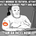 Perfect woman | PERFECT WOMAN: BE FAITHFUL, ATTENTIVE; HATE THE POLYAMORY, PARTY AND BEER. AM AN INCEL NOW | image tagged in average redditor | made w/ Imgflip meme maker