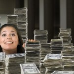 woman in piles of money