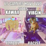 Femboy and Racist | VIRGIN; KAWAII | image tagged in femboy and racist | made w/ Imgflip meme maker