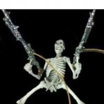 YOU STUPID HUMANS | WHEN THEY MAKE A TRICK INSTEAD OF GIVING YOU CANDY: | image tagged in skeleton with guns meme,spooky,funny memes,memes,trick or treat,funny | made w/ Imgflip meme maker