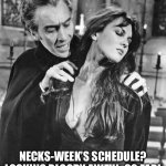 Dracula | NECKS-WEEK’S SCHEDULE?
LOOKING BLOODY AWFUL, SO FAR! | image tagged in dracula | made w/ Imgflip meme maker