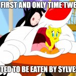 fun fact | THE FIRST AND ONLY TIME TWEETY; WANTED TO BE EATEN BY SYLVESTER | image tagged in tweety wants to be eaten,sylvester the cat,tweety bird,looney tunes,warner bros,cartoons | made w/ Imgflip meme maker