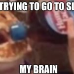 my brain at 2 am | ME TRYING TO GO TO SLEEP; MY BRAIN | image tagged in my brain at 2 am | made w/ Imgflip meme maker