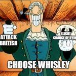 Dr livesey Rom and death | SLIGHT CHANCE OF DYING; ATTACK BRITISH; CHOOSE WHISLEY | image tagged in dr livesey rom and death | made w/ Imgflip meme maker