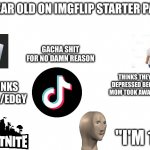 Image Title | 9 YEAR OLD ON IMGFLIP STARTER PACK; GACHA SHIT FOR NO DAMN REASON; THINKS THEY'RE DEPRESSED BECAUSE MOM TOOK AWAY XBOX; THINKS COOL/EDGY; "I'M 18" | image tagged in starter pack | made w/ Imgflip meme maker