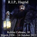: ( | R.I.P., Hagrid; Robbie Coltrane, 30 March 1950 – 14 October 2022 | image tagged in hagrid | made w/ Imgflip meme maker