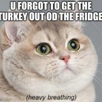 Heavy Breathing Cat | U FORGOT TO GET THE TURKEY OUT OF THE FRIDGE | image tagged in memes,heavy breathing cat | made w/ Imgflip meme maker