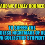 Sunset | ARE WE REALLY DOOMED TO SUFFER THE ENDLESS NIGHTMARE OF OUR OWN COLLECTIVE STUPIDITY? | image tagged in sunset | made w/ Imgflip meme maker