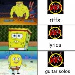 Slayer disappointment | riffs lyrics guitar solos | image tagged in spongebob strong to weak | made w/ Imgflip meme maker