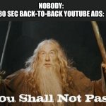 YouTube .... | NOBODY: 

30 SEC BACK-TO-BACK YOUTUBE ADS: | image tagged in gandalf you shall not pass | made w/ Imgflip meme maker