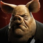 hyper realistic picture of a more average looking pig smoking template