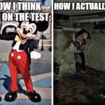 Tests Be Like | HOW I ACTUALLY DID:; HOW I THINK I DID ON THE TEST: | image tagged in basement mickey mouse | made w/ Imgflip meme maker