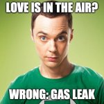 oOh nO | LOVE IS IN THE AIR? WRONG: GAS LEAK | image tagged in sheldon cooper | made w/ Imgflip meme maker