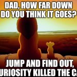 Lion King Meme | DAD, HOW FAR DOWN DO YOU THINK IT GOES? JUMP AND FIND OUT, CURIOSITY KILLED THE CAT | image tagged in memes,lion king | made w/ Imgflip meme maker