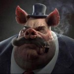 hyper realistic picture of a smartly dressed pig smoking a pipe meme