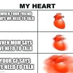 Its Been 2 Weeks. Still Hurts | WHEN YOUR FRIEND SAYS WE NEED TO TALK; WHEN MOM SAYS WE NEED TO TALK; YOUR GF SAYS WE NEED TO TALK | image tagged in heart rate | made w/ Imgflip meme maker