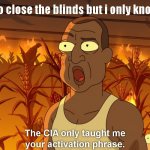The CIA only taught me your activation phrase | 5 yr old me trying to close the blinds but i only know how to open them | image tagged in the cia only taught me your activation phrase | made w/ Imgflip meme maker