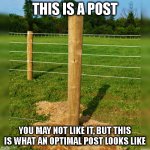Optimal Post | THIS IS A POST; YOU MAY NOT LIKE IT, BUT THIS IS WHAT AN OPTIMAL POST LOOKS LIKE | image tagged in fence post | made w/ Imgflip meme maker