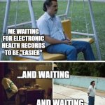 EHR-the broken promise | ME WAITING FOR ELECTRONIC HEALTH RECORDS TO BE "EASIER"; ...AND WAITING                                                                                 ...AND WAITING | image tagged in me waiting for,medical | made w/ Imgflip meme maker