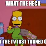 Bart Simpson  Is Shocked | WHAT THE HECK; DID THE TV JUST TURNED OFF | image tagged in bart simpson is shocked | made w/ Imgflip meme maker