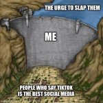 "The Urge" | THE URGE TO SLAP THEM; ME; PEOPLE WHO SAY TIKTOK IS THE BEST SOCIAL MEDIA | image tagged in water dam meme | made w/ Imgflip meme maker