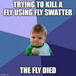 Sucess face | TRYING TO KILL A FLY USING FLY SWATTER; THE FLY DIED | image tagged in sucess face | made w/ Imgflip meme maker