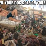 Guy in messy room surrounded by trash | WHEN  YOUR DOG GOES ON YOUR BED | image tagged in guy in messy room surrounded by trash | made w/ Imgflip meme maker