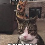 Dog and cat | “THIS ONE TIME…; AT BAND CAMP…” | image tagged in happy dog and annoyed cat,happy dog | made w/ Imgflip meme maker