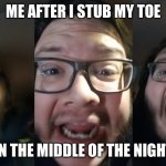 Stop posting about stubbing my toe | ME AFTER I STUB MY TOE; IN THE MIDDLE OF THE NIGHT | image tagged in stop posting about among us 3-sided,stub your toe | made w/ Imgflip meme maker